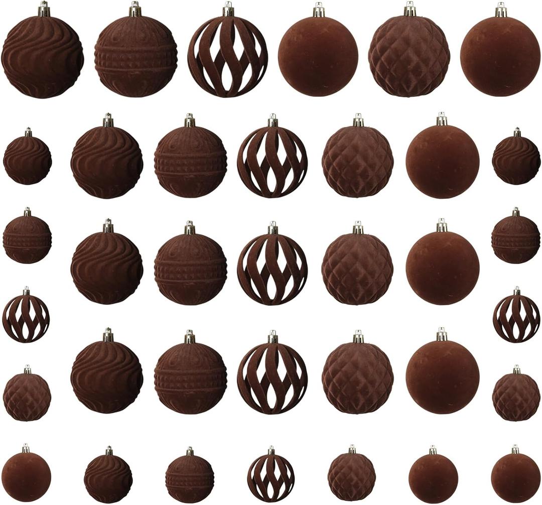 36pcs Velvet Ornaments for Christmas Trees, Flocked Christmas Balls Sets Assortment for Xmas Tree Holiday Decor (Brown)