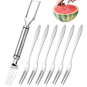 Watermelon Cutter Slicer, Stainless Steel Watermelon Fork Slicer Cutter with 6 Fruit Forks, Fruit Cutter Knives Tool for Home Party Camping