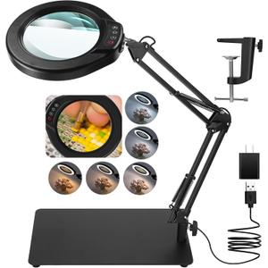 5 Inch Large Magnifying Glass with Light and Stand, 2-in-1 LED Lighted Magnifier, 5 Color Modes Stepless Dimmable, Hands Free 10X Magnifying Desk Lamp with Clamp for Craft Hobby Repair Close Works (Black)