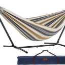 Vivere Double Cotton Hammock with Space Saving Steel Stand, Upgraded Polyester End Strings 450 lb Capacity - Premium Carry Bag Included - USA Grown Cotton (Desert Moon)