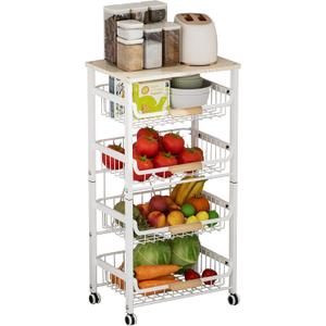 Pull-Out Kitchen Storage Cart 5 Tier Kitchen Fruit Cart on Wheels,Fruit Basket for Kitchen,Bedroom Kitchen Organizer and Storage Rack, Potato Onion Vegetable Storage (White), 5Tier-White