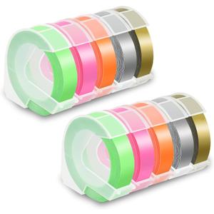 Pristar Compatible for DYMO Embossing 3D Plastic Label Tapes 9mm, Work with DYMO Junior Home Embossing Label Maker, Organizer Xpress Pro, Neon Pink/Orange/Green/Gold/Silver, 3/8" x 9.8', 10-Pack