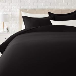 Amazon Basics Lightweight Soft Microfiber 3-Piece Duvet Cover Set with Zipper Closure, Full/Queen, Black, Solid