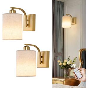Powfloven Gold Rechargeable Wall Sconces Set of 2 with Remote, Wireless Battery Operated Dimmable LED Wall Lights, Cordless Wall Lighting Lamp Fixture for Bedroom Living Room