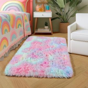 Amdrebio Rainbow 2x3 Small Area Rugs for Girls Bedroom Kids Room Decor, Pastel Colorful Rug for Playroom Preppy Dorm, Cute Unicorn Shaggy Rug for Baby Princess, Kawaii Fluffy Plush Carpet for Nursery