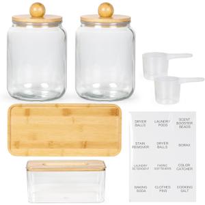 Glass Laundry Jars with Airtight Lids - Kitchen & Laundry Room Organization Containers with Dryer Sheet Holder,Bamboo Tray - Laundry Detergent Powder Half Gallon Storage Canisters with Labels