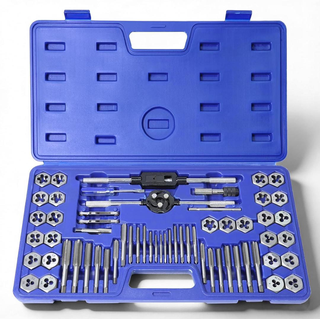 60pcs Tap and Die Set - SAE #4 to 1/2” and Metric M3 to M12 Rethreading Tools & Thread Chasers, External and Internal Thread Cutting & Repair Tool Kit, with Complete Accessories and Storage Case