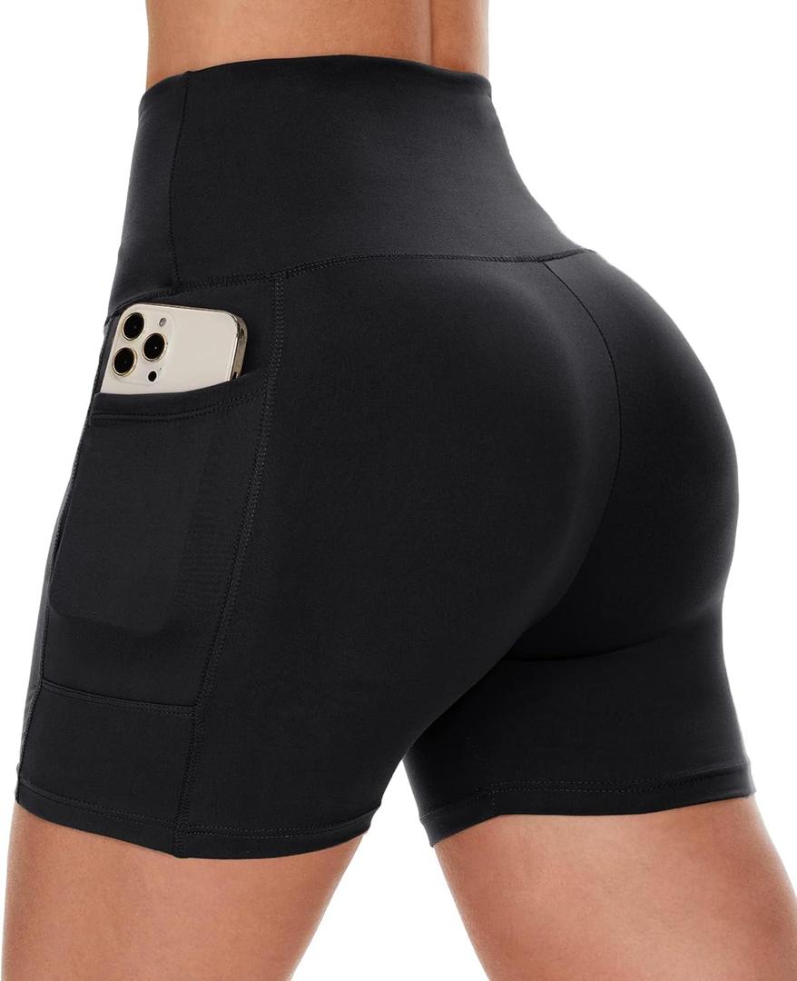 CAMPSNAIL Biker Shorts Women with Pockets - 5" High Waisted Workout Spandex Tummy Control Gym Running Yoga Shorts (Small-Medium, 1#black)