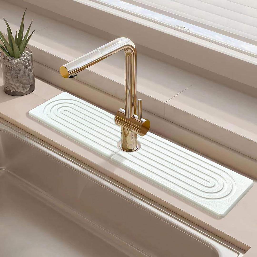 Quick Drying Stone Faucet Mat for Kitchen Sink - Diatomite Sink Mat Absorbing Stone Tray for Bathroom Counter, Sink Faucet Splash Guard Water Protector Matt for Kitchen Counter(White, 14" x 3.9")
