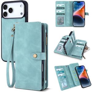 TwoHead Wallet Case Compatible with iPhone 17 Pro Max,Detachable,Magnetic,11 Cards Holder,PU Leather All-Round Protective Phone Case with Change Pocket(6.9 in,Blue)