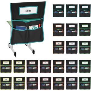 24 Pack Chair Pockets for Classrooms, 20 x 17 Inch Seat Sacks for Classroom Chairs k-2 with Name Slots, Tags and 3 Pockets, Suitable for Kindergarten, School, Home, Office (Black)