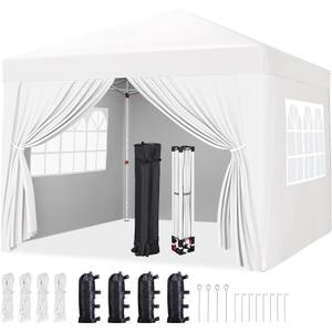 Yaheetech 10x10 Pop Up Canopy with 4 Removable Sidewalls, Portable Enclosed Instant Tent, Waterproof Outdoor Tent, Beach Sun Shelter with 4 Sandbags, 12 Stakes & 4 Ropes, White