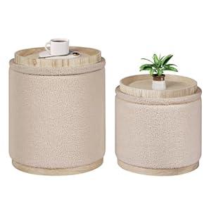 B FSOBEIIALEO Storage Ottoman Round Boucle Ottomans with Tray, Set of 2 Teddy Foot Rest Ottoman Cube with Storage for Living Room , Apricot 15"x15"x16.9"