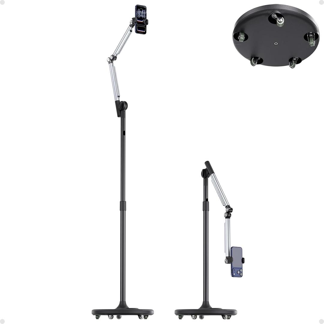 Floor Phone Stand for Recording, Overhead Phone Mount with Wheels and Weight Base, Free Rotation Aluminum Digital Heavy Duty Stand with Adjustable Angles & Height for Content Creation