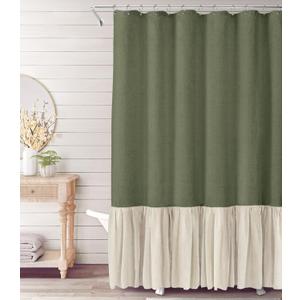 Awellife Farmhouse Shower Curtain Ruffle Linen Textured Boho Shower Curtain for Bathroom, Sage Green 72" W x 72" L