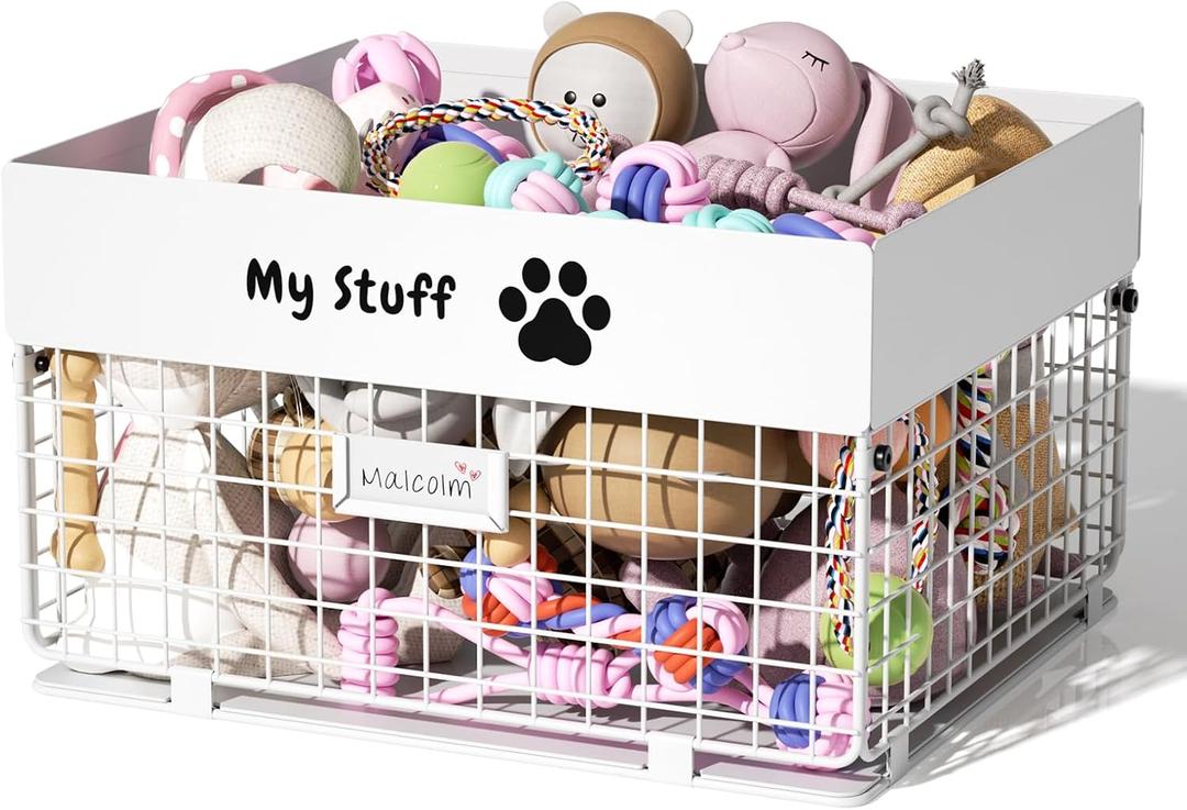 Dog Toy Box- Metal Large Dog Toy basket for Small Dog - Dog Toy Storage Bin for Pet - Personalized Large Dog Toy Basket for Puppy and Pet- Dog Toy Organizer Holder Boxes for Living Room (white)