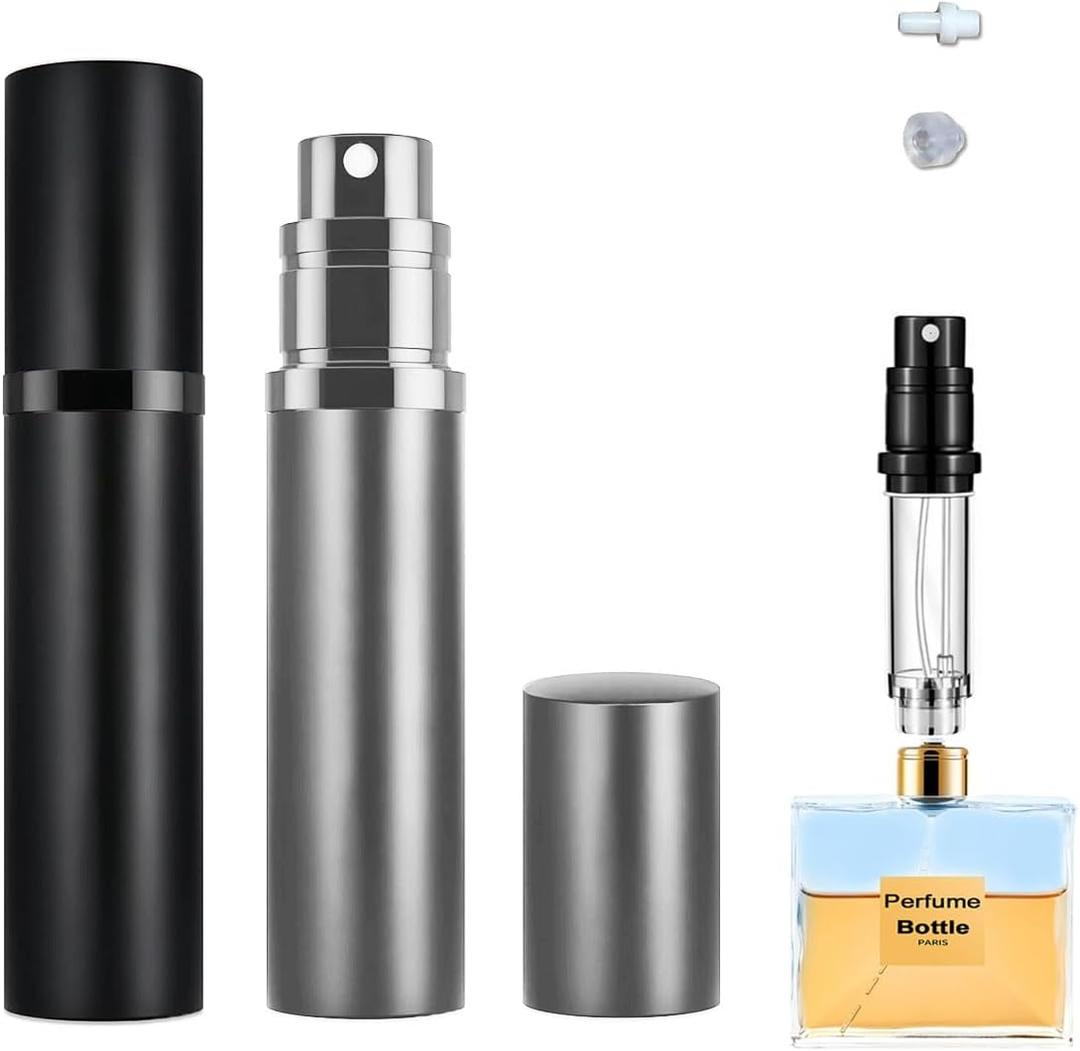 2PCS 5ml Perfume Atomizer Travel Refillable, Bottom-Filling Fragrances Perfumes Bottle, Pocket Atomiser for On the Go (Black & Gray)