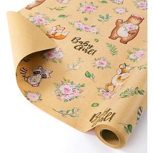 WERNNSAI Baby Girl Kraft Wrapping Paper Roll - 1 Roll 17 x 33 ft Baby Shower Wrapping Paper for Girls Kids Birthday Gift Wrap Supply Woodland Animals Design New Born Party Favor