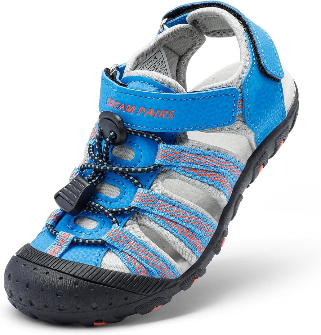 DREAM PAIRS Boys Girls Summer Outdoor Athletic Sport Sandals Hiking Beach Casual Closed Toe Adjustable Multicolor for Toddler/Little/Big Kids (Blue/Grey/Red)