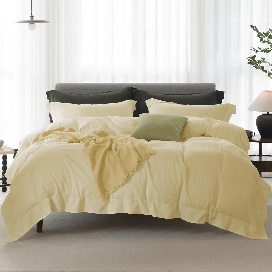 Cooling Queen Duvet Cover Set 3 Pieces-100% Washed Cotton with Chic Wide Trim Design Linen Like Textured Ultra Soft Cozy Bedding with Zipper Closure(Hemmed Pale Yellow, Queen 90"x90")