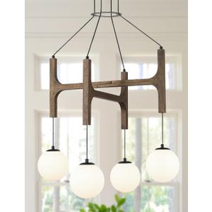 Vintage Milk Glass Pendant Light, Mid Century Wood Chandelier with Rustic Farmhouse Design, 4-Light Hanging Fixture for Kitchen Island, Dining Room, Bedroom Stairwell