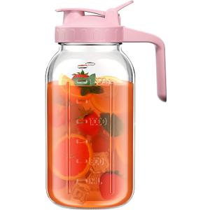 64 oz Glass Pitcher with Lid, Large Wide Mouth Mason Jar with Pour Spout, Pink Sun Tea Jar for Outside, Glass Water Pitcher Great for Drink, Cold Beverages and Breast Milk (64 Ounces, Pink)