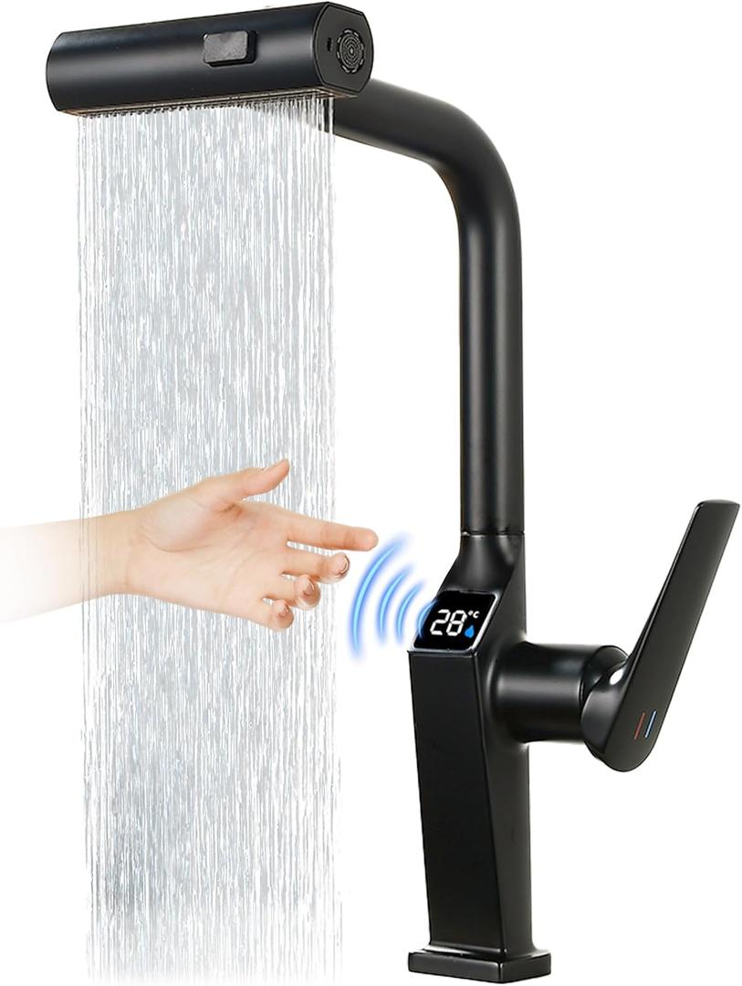 Touchless Waterfall Kitchen Faucet, Temperature Display, Matte Black