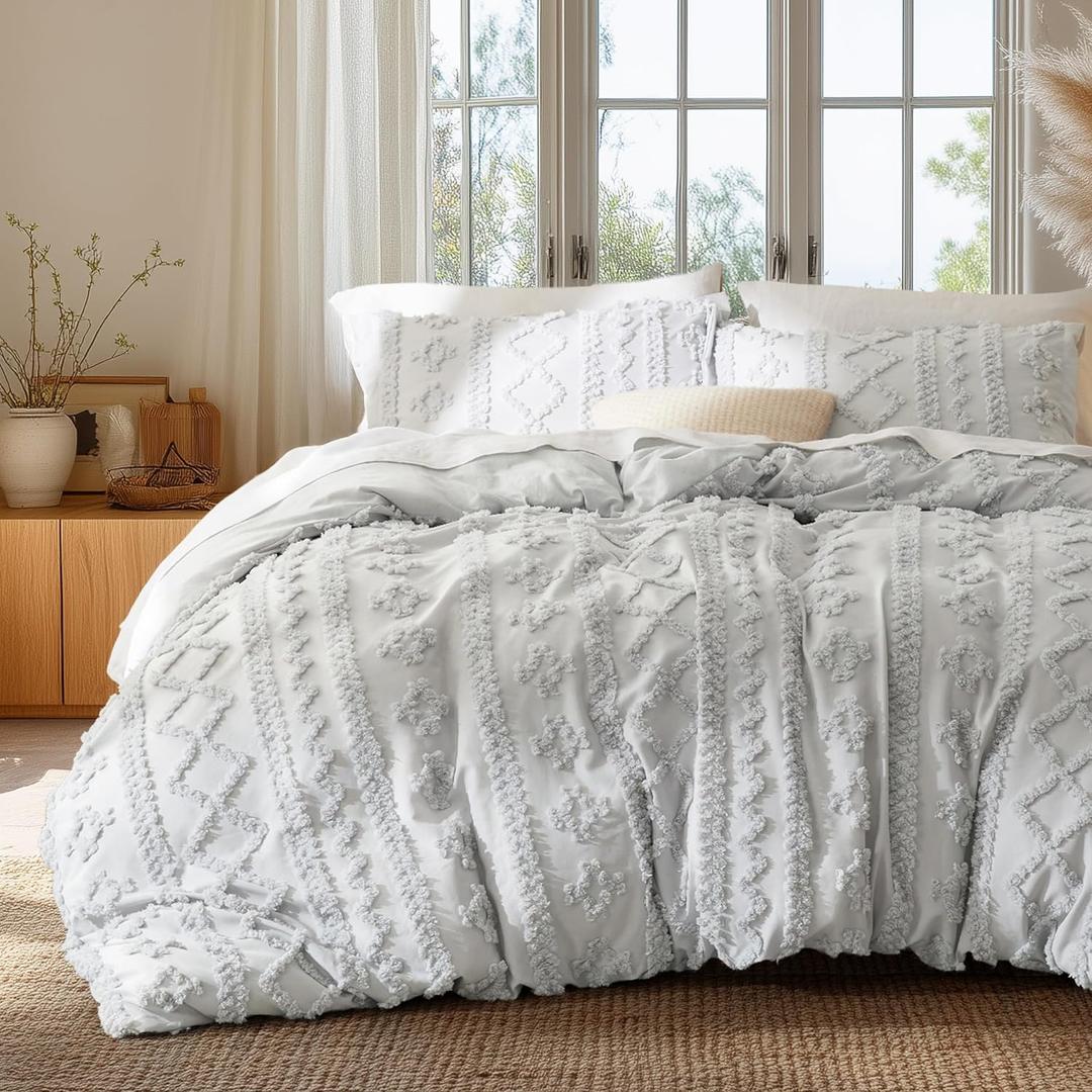 Bedsure Boho Duvet Cover Queen Size, Soft & Comfortable Elegant Design Boho Bedding for Decoration, Machine Washable Comforter Cover for All Seasons,Includes 1 Duvet Cover & 2 Pillow Shams,Light Grey (Queen (90" x 90"))