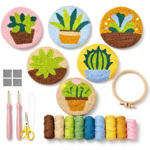 Punch Needle Coaster Kit for Adults Beginners, Easy Punch Embroidery Starter Set with Instructions  Fun Mug Rug Making Kit for Table Decor & Festival DIY Gifts (6pcs Succulent Plants)