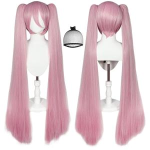 JoneTing 48inch/120cm Pink Wig+ Hair Cap Long Pink Ponytail Wig for Women Long Straight Wigs with Ponytails for Anime Peluca Rosa Hair for Halloween Straight Pigtail Wigs for Cosers Costume
