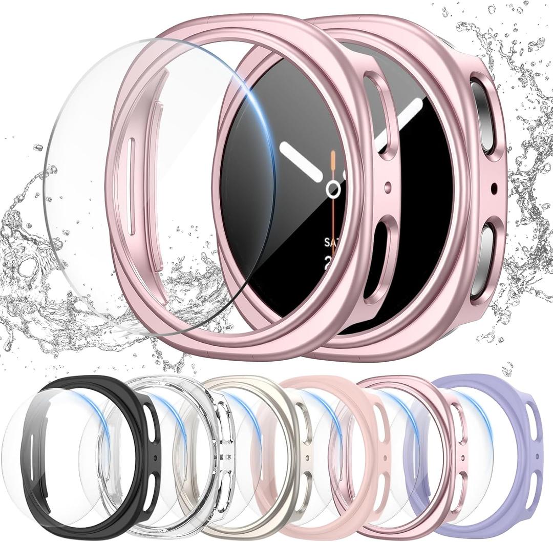 [6+6Pack] for Samsung Galaxy Watch 8 40mm Screen Protector Case, Hard PC Bumper + HD Anti-Fog Tempered Glass Protective Film, Waterproof Face Cover Set for Galaxy Watch 8 40mm Accessories (Black+Clear+Starlight+Pink+Rosegold+lavender)