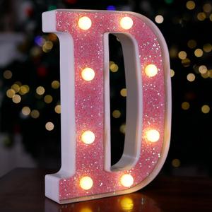 LED Letter Lights Pink Glitter Marquee Letters Light Up Alphabet Letters Sign Battery Powered for Home Party Decoration Night Bar Wedding Birthday Christmas Lamp Girls Gift - Letter D