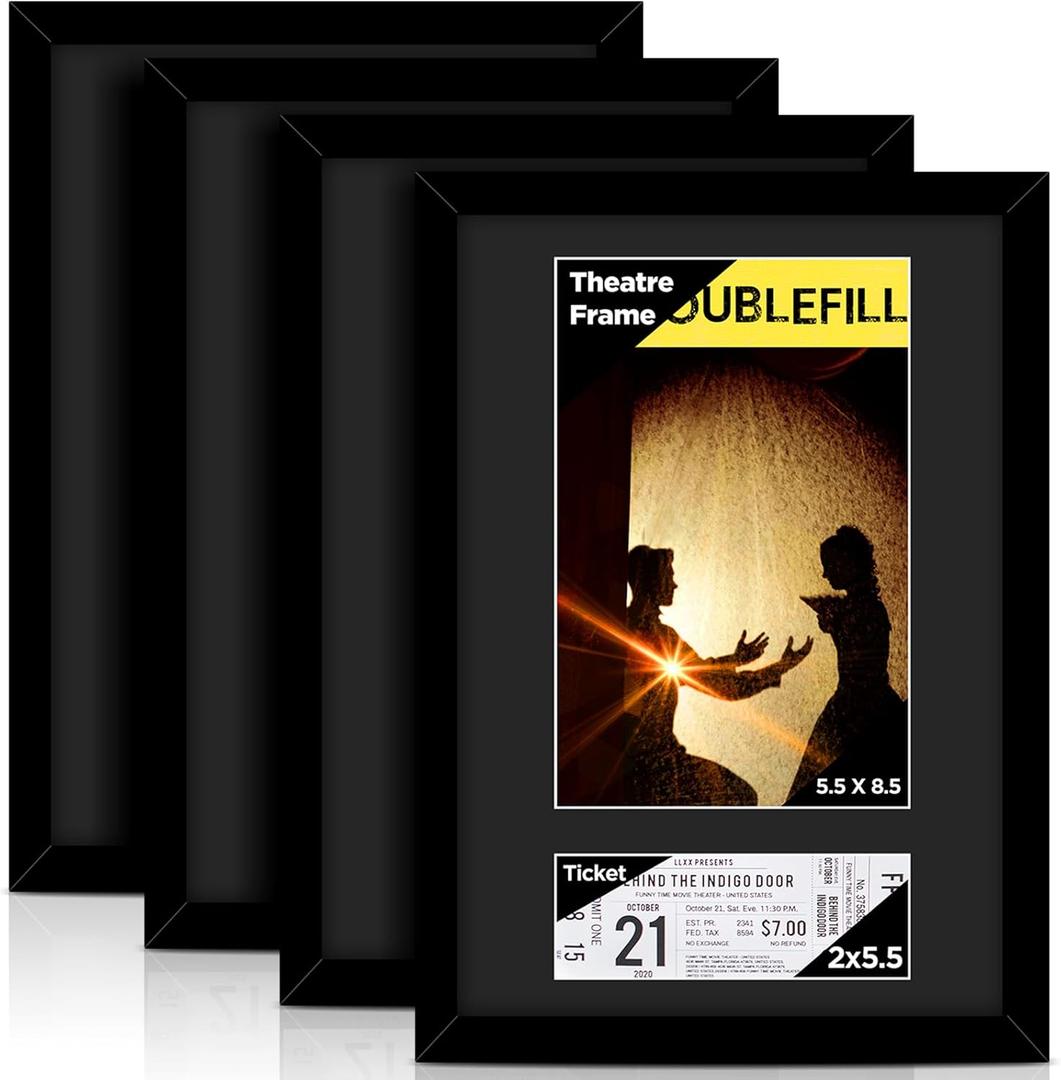 4 Pcs Theatre Bill Frame Display Frame with Mat Holds 5.5 x 8.5 Inch Media Plus Ticket with Easel Stand and Hanger for Gallery Poster Wall or Tabletop Display (Black)