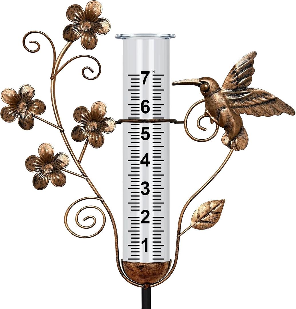 shumi Rain Gauge Outdoor - 7 Inch Rain Gauges for Measuring, Bronze Hummingbird Decorative Rain Gauges Feezeproof, Metal Flower Water Gauge for Garden Yard Decor, Gardening Gifts for Women