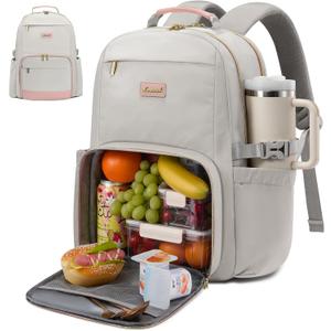 LOVEVOOK Lunch Backpack with Lunch Compartment,15.6 Inch Laptop Work Travel Insulated Cooler Backpack Purse, Waterproof College Teacher Lunch Bag Box with Tumbler Holder,Gifts for Men Women,Gray-Pink