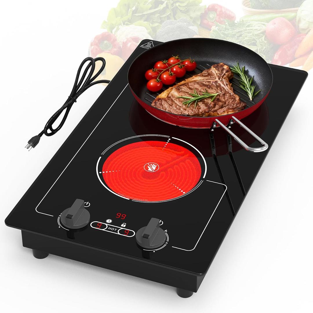 GIHETKUT Electric Cooktop,110V 2100W Stove top,9 Power Levels, Kids Lock & Timer, Hot Surface Indicator, Overheat Protection,knob and touch control 2 burner Electric cooktop