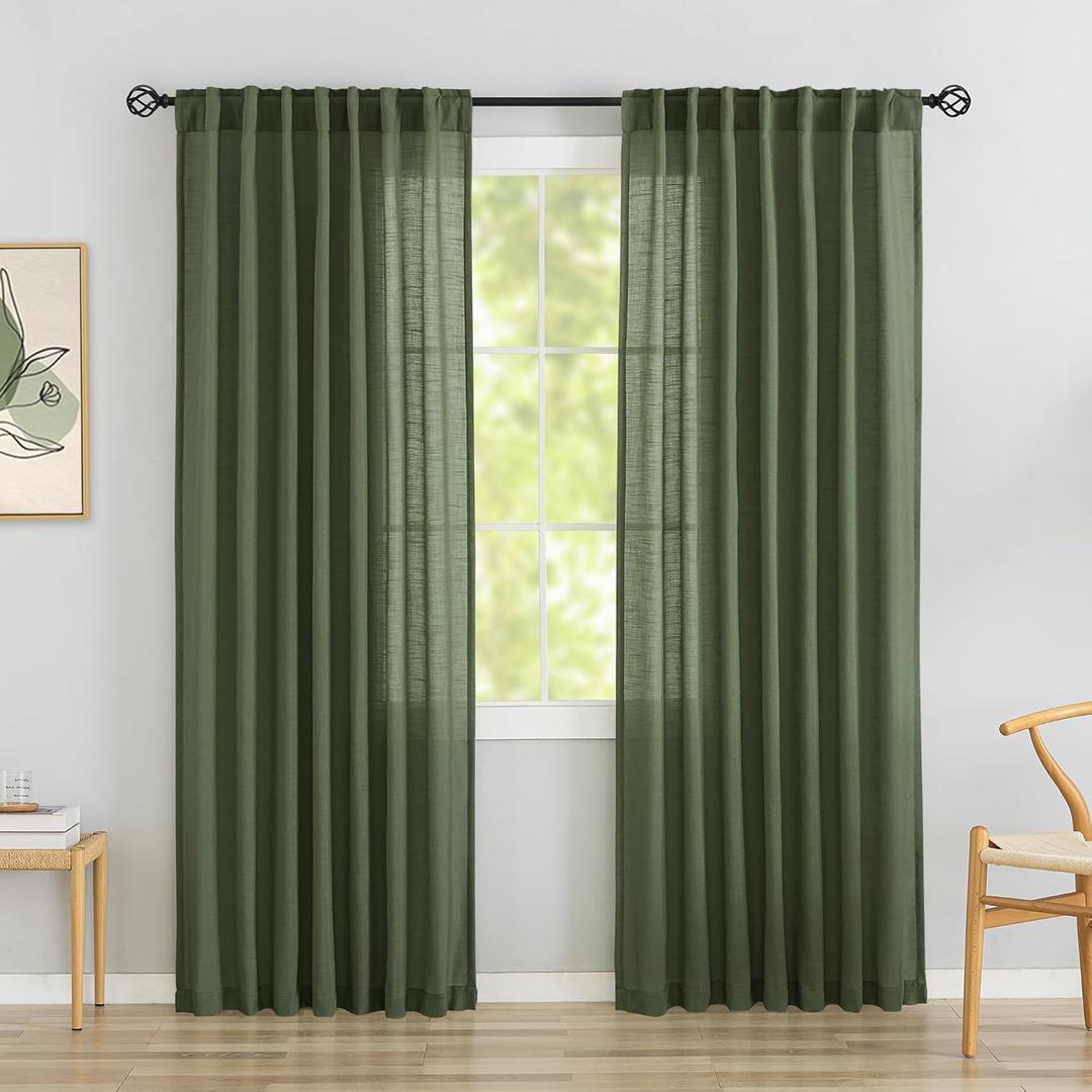 DONREN Loden/Dark Olive Linen Back Tab Curtains 92 Inches Long 2 Panels Set for Living Room - Boho Energy Saving Semi Privacy Sheer Curtains Rod Pocket Light Filtering Curtains for Patio Door Doorway (52"W x 92"L (Pack of 2), Olive Green)