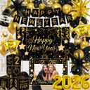 2026 New Years Decorations Black and Gold New Years Eve Balloons 2026 Banner Backdrop,Photo Booth Props,4pcs Cards Boxes Kit for 2026 Eve Party Supplies in Indoor or Outdoor