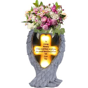 Heaven Angel Wing Cross, Graveyard Decoration, Vase with Solar LED Lamp, Resin Decorated Bereavement Statue, Gift in Memory of Relatives (White)