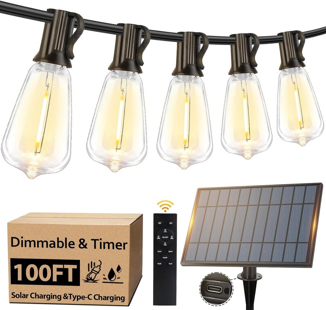 100FT Outdoor Solar String Lights with Remote, USB Rechargeable LED Patio Lights with 52 Timer Dimmable ST38 Edison Bulbs, Enhanced 5W Solar Panel Outside Hanging Lights for Porch Garden Deck Backyard