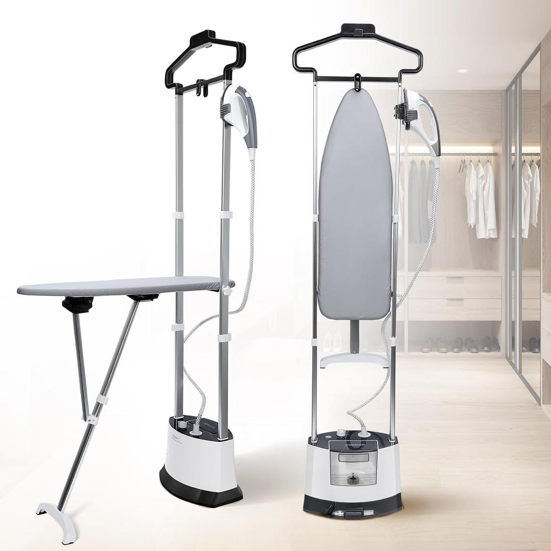 Standing Steamer for Clothes Full-Size Standing Garment Steamer 25s Fast Heat-up with 1.6L/54 fl.oz Water Tank, Self-cleaning Function, Foldable Ironing Board, Ironing Gloves
