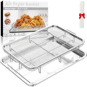 18.6 x 12.8 Air Fryer Basket for Oven,YEPATER Extra Large Size Stainless Steel Air Fryer Pan and Crisper Tray with 30 PCS Parchment Paper for Baking Grilling Cooking and Frying