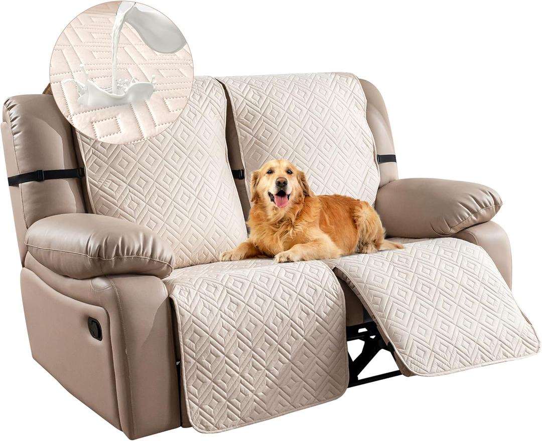 Genina Waterproof Recliner Loveseat Covers 100% Protection Recliner Covers 2 Seater Non-Slip Sofa Covers Washable Furniture Protectors Recliner Cover for Kids Pet Dog Beige