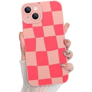 KANGHAR Compatible with iPhone 13 Case, Silicone Checkered Cute Pattern, Camera Protection Soft Slim Phone Case for Girls Women -Pink