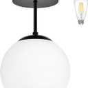 Black Semi Flush Mount Ceiling Light Fixture Milk Glass Light Fixture Mid Century Flush Mount Ceiling Light Black Flush Mount Ceiling Light Schoolhouse Light Fixture for Dining Room(Bulb Incl.) (7"-Opal Black)