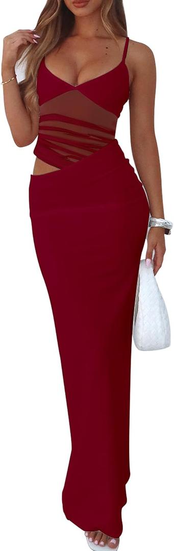 BORIFLORS Women's Sexy Bodycon V Neck Spaghetti Strap Maxi Dress Elegant Backless Cocktail Evening Party Long Formal Dresses (Red, M)