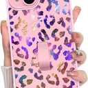 KANGHAR Compatible with iPhone 15 Case, Support for MagSafe, Silicone Cute Iridescent Leopard Cheetah Pattern, Wristband Kickstand Shockproof Protective Slim Cover for Women Girls, Pink