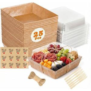 25 Pack Small Charcuterie Boxes with Clear Lids, Individual Mini Paper Charcuterie Board with Lid, Bakery To Go - Disposable Party Favor Boxes for Food, Sushi, Sandwich, Charcuterie Accessories (Wood)