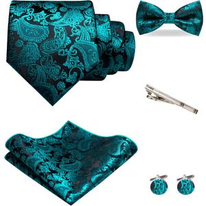 Mens Paisley Tie and Pre-tied Paisley Bow Tie with Pocket Square Cufflinks Clip Set (Teal)