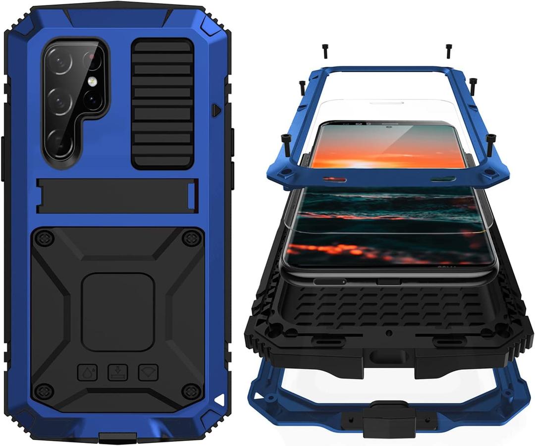 Simicoo Compatible with Samsung S23 Ultra Metal Military Case with Stand Screen Protector Camera Protection Rugged Heavy Duty Shockproof Full Body Cover Tough Dustproof for Men (Blue)